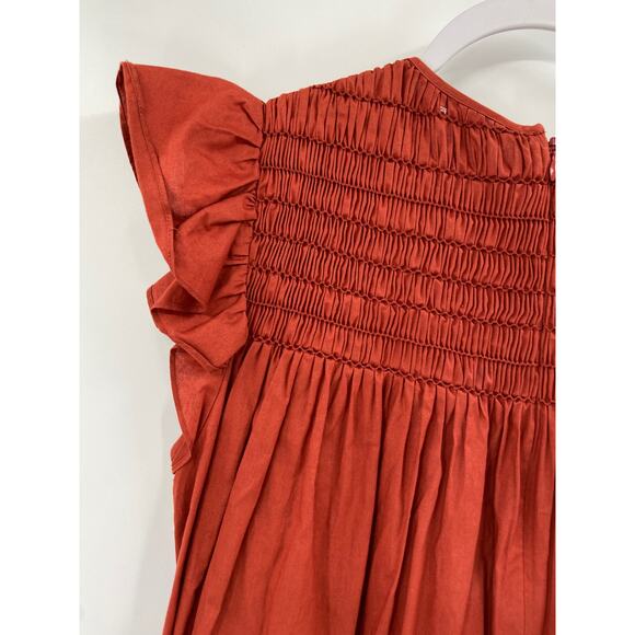 SEA New York Gladys Hand Smocked Rust Flutter Sleeve Cotton Tunic Mini Dress - Picture 6 of 8